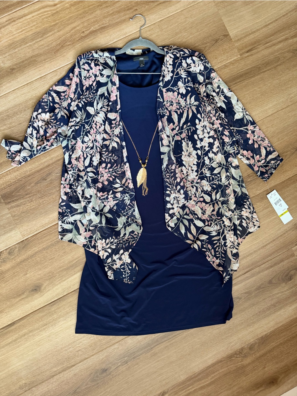 R&K Navy Blue Dress with Floral Navy, Pink, Cream Overlay